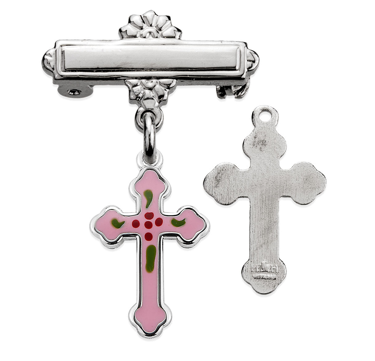 Sterling Silver Small Pink Epoxy Cross w/Bar Pin-Bxd