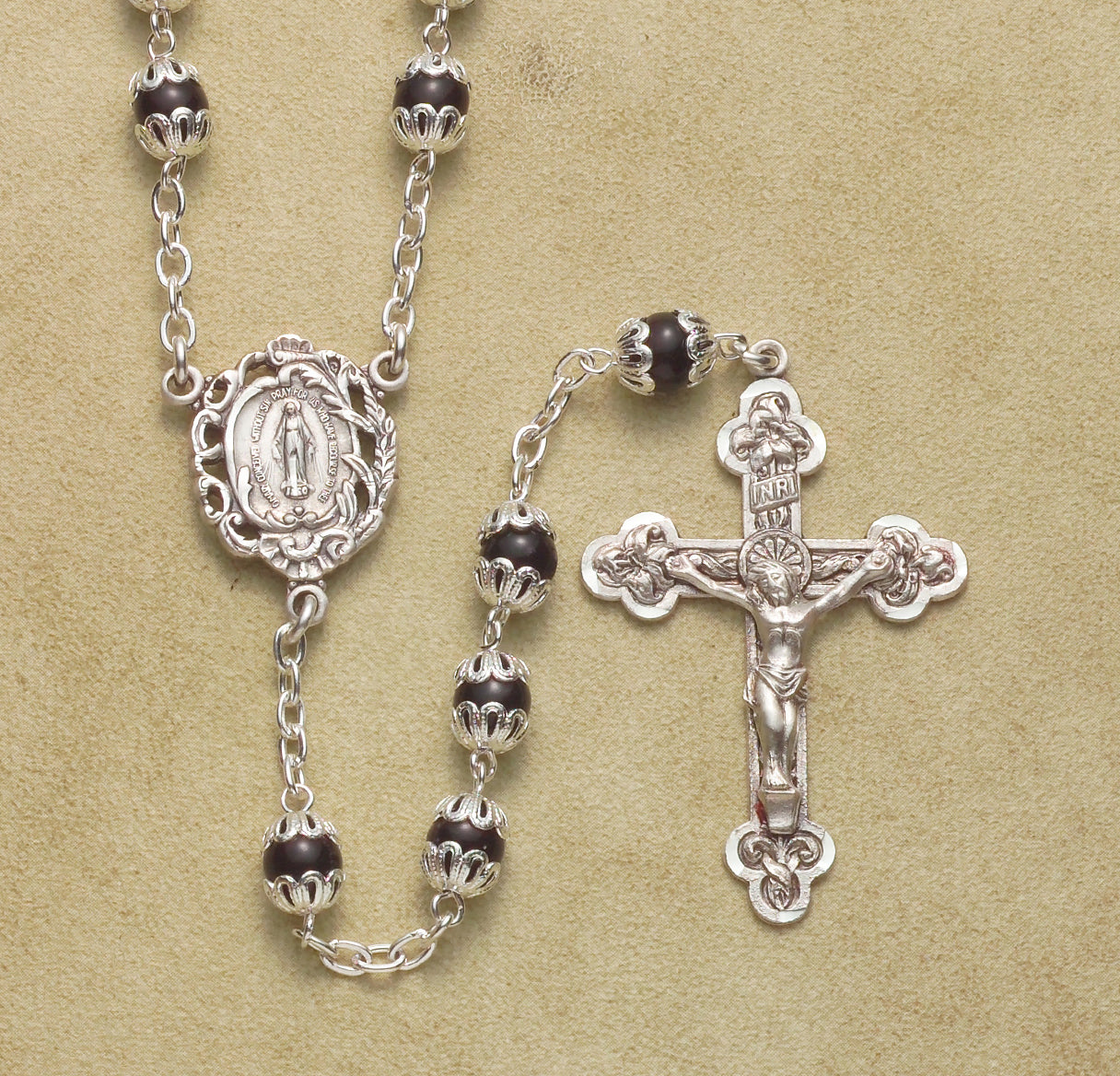 6mm Black Capped Rosary w/Sterling Silver Ctr & Cfx-(30/102)-Bxd