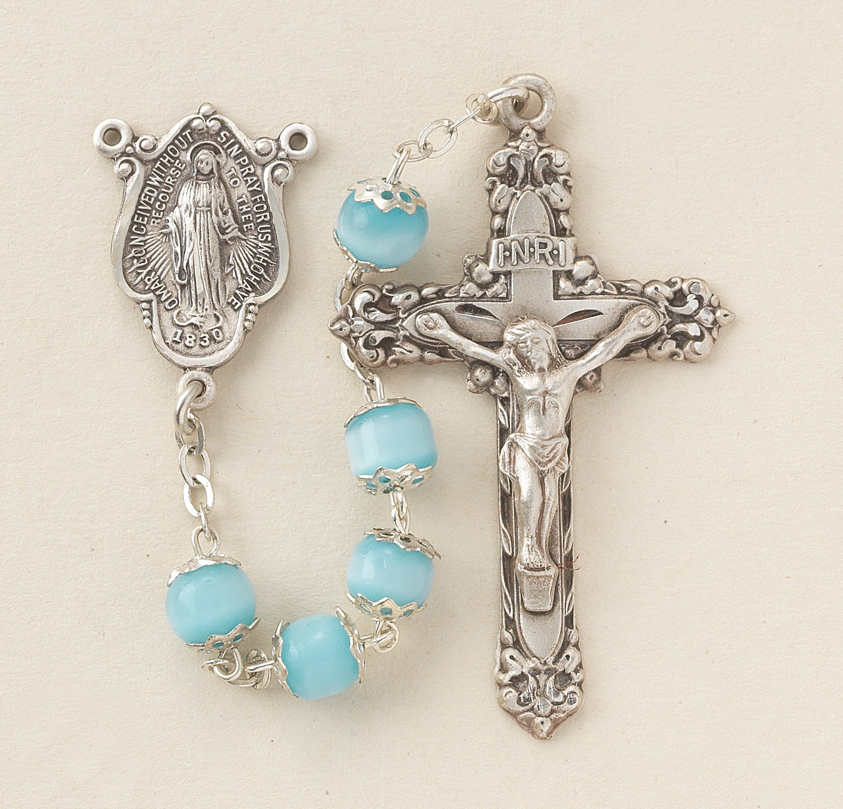 6mm Light Blue Imitation Pearl Capped Rosary w/Sterling Silver Ctr & Cfx-(96/121)-Bxd