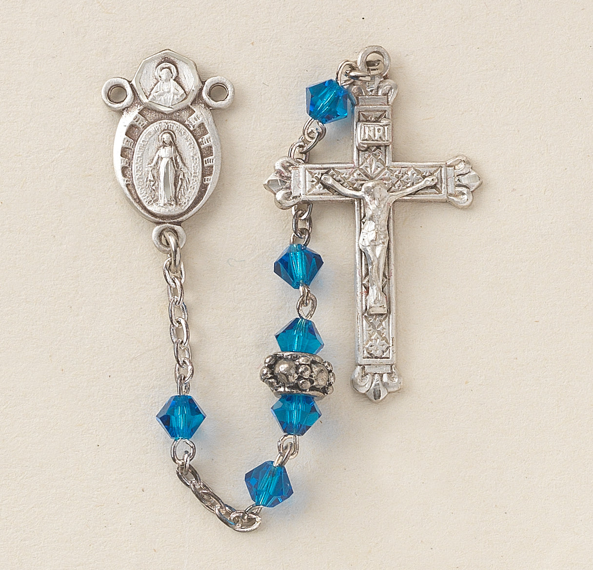 4mm Capri Blue Rosary w/Sterling Silver Ctr & Cfx-(15/3882)-Bxd