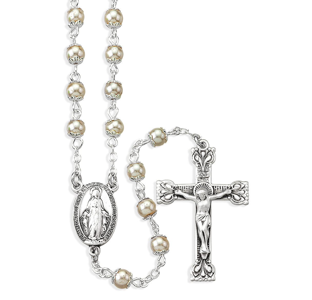5mm White Imitation Pearl Capped Rosary w/Sterling Silver Ctr & Cfx-(81/132)-Bxd