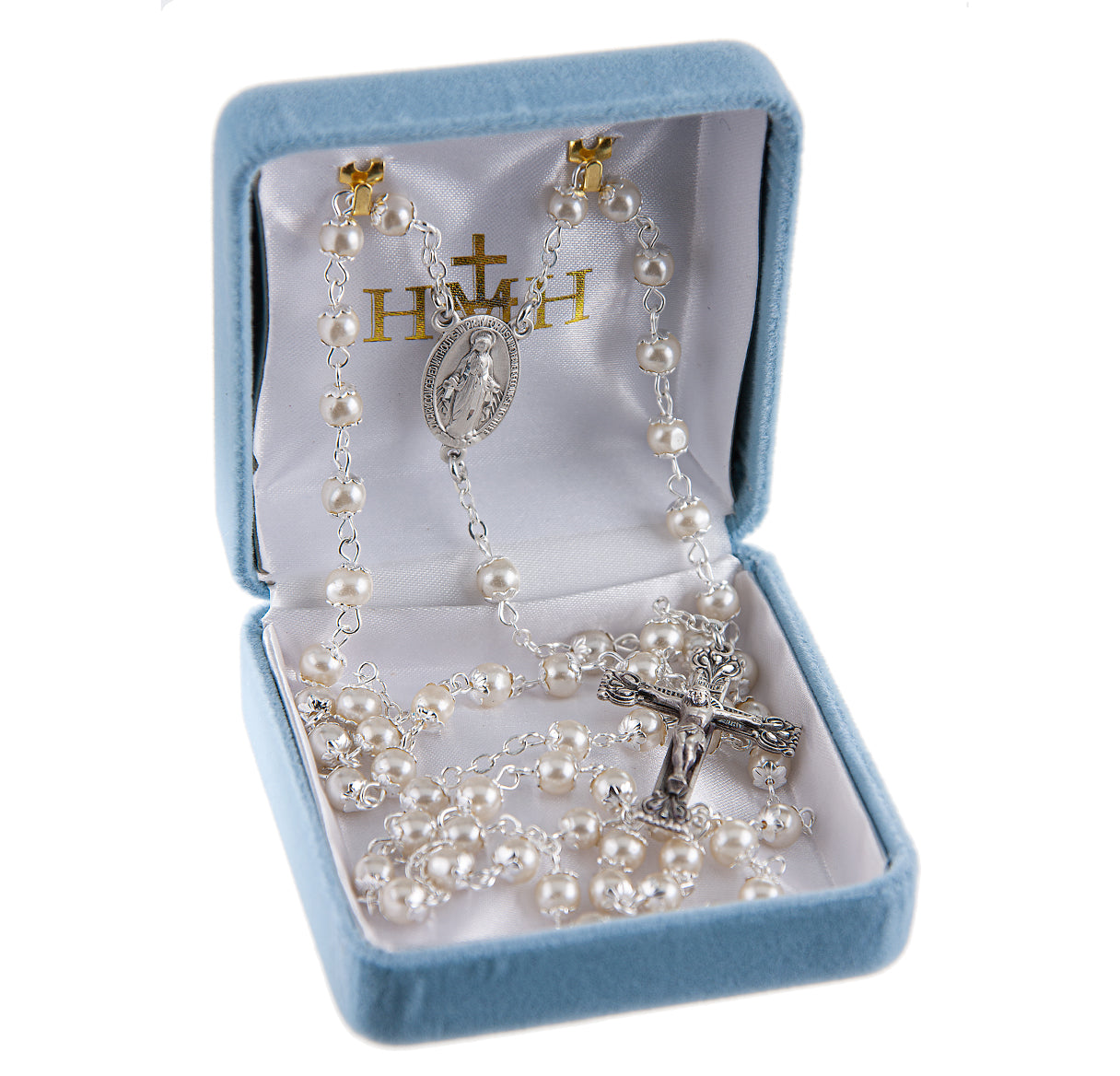 5mm White Imitation Pearl Capped Rosary w/Sterling Silver Ctr & Cfx-(81/132)-Bxd