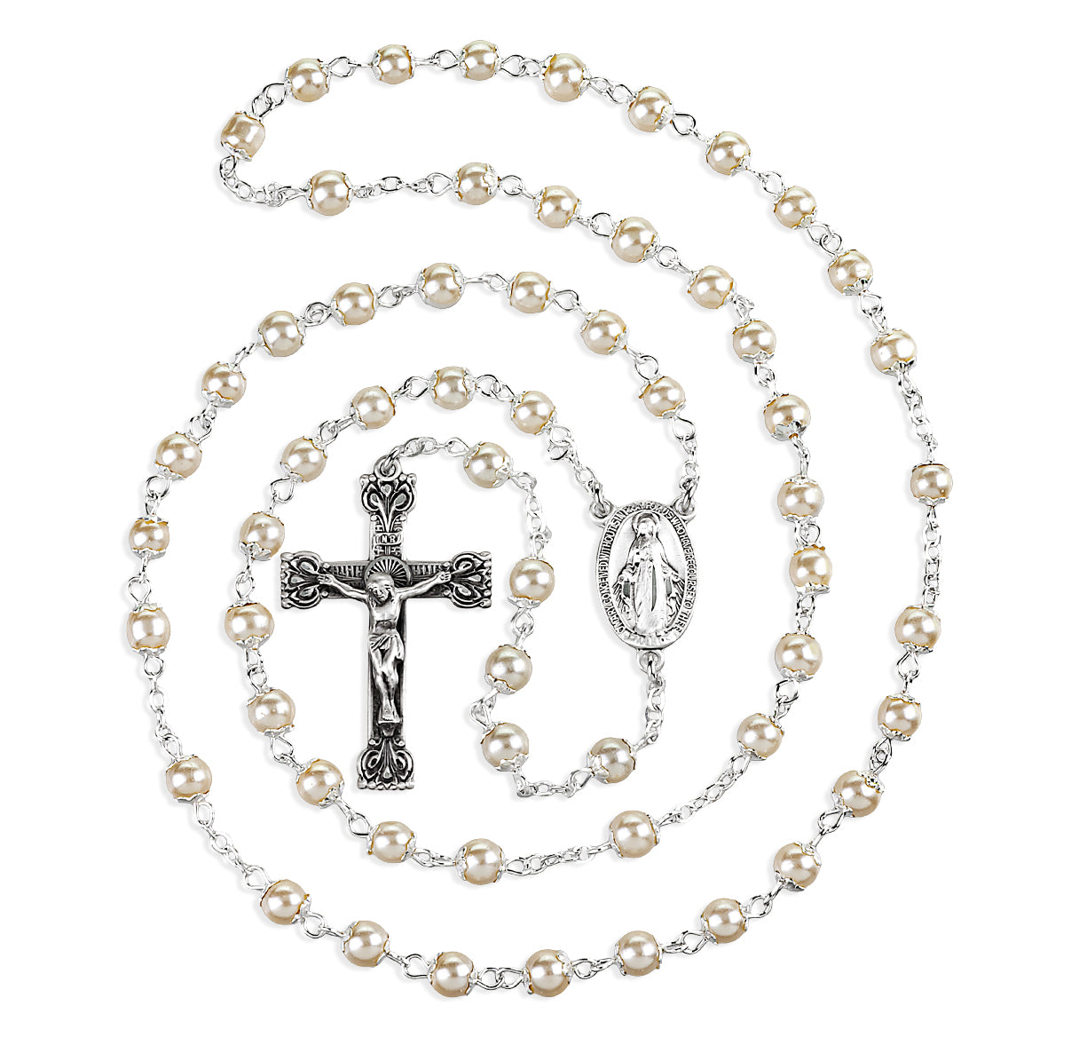 5mm White Imitation Pearl Capped Rosary w/Sterling Silver Ctr & Cfx-(81/132)-Bxd