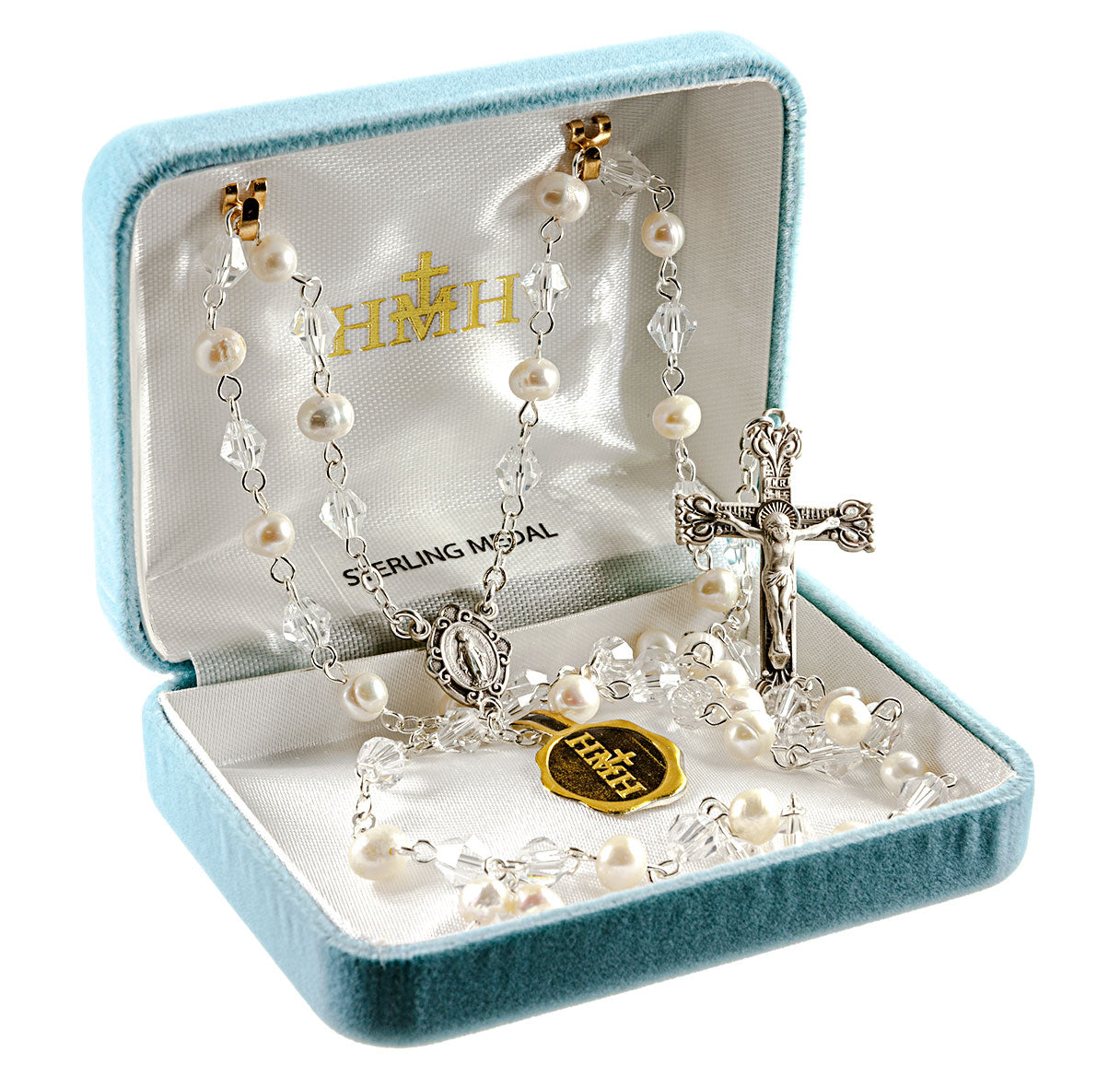 6mm Imitation Pearl Rosary w/Sterling Silver Ctr & Cfx-(16/132)-Bxd