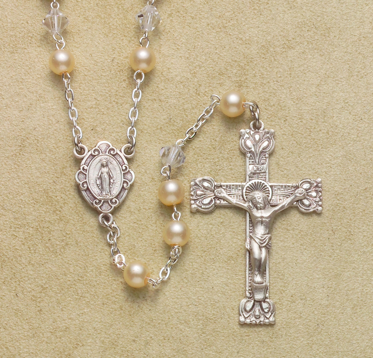 6mm Imitation Pearl Rosary w/Sterling Silver Ctr & Cfx-(16/132)-Bxd