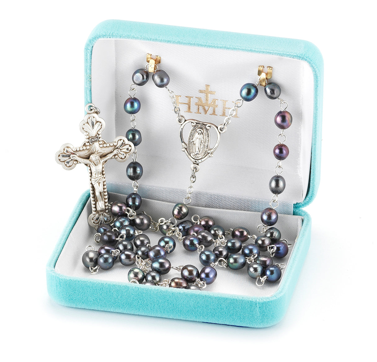 8mm Black Fresh Water Pearl Rosary w/ Sterling Silver Ctr & Cfx-(210/185)-Bxd