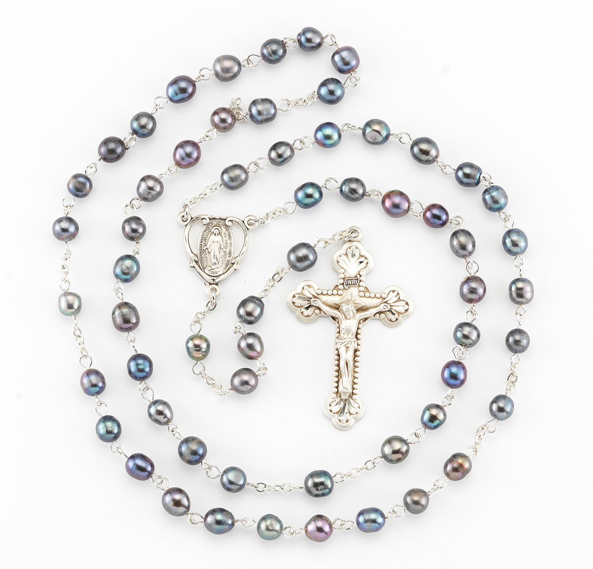 8mm Black Fresh Water Pearl Rosary w/ Sterling Silver Ctr & Cfx-(210/185)-Bxd