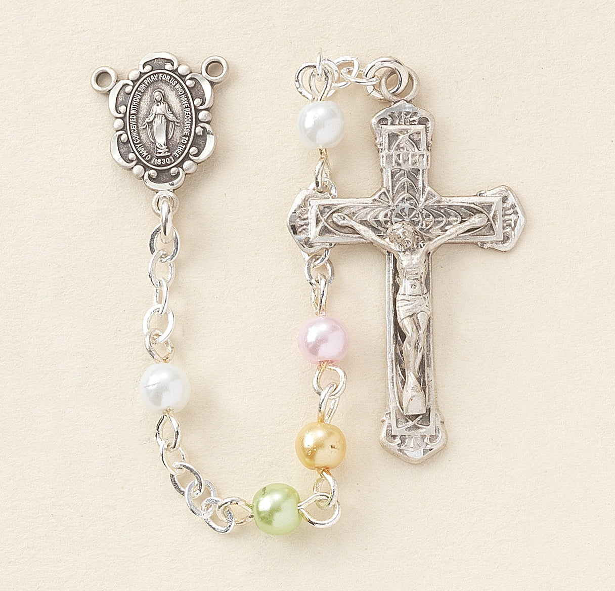 4mm Multi Color Imitation Pearl Rosary w/Sterling Silver Ctr & Cfx-(08/1821)-Bxd