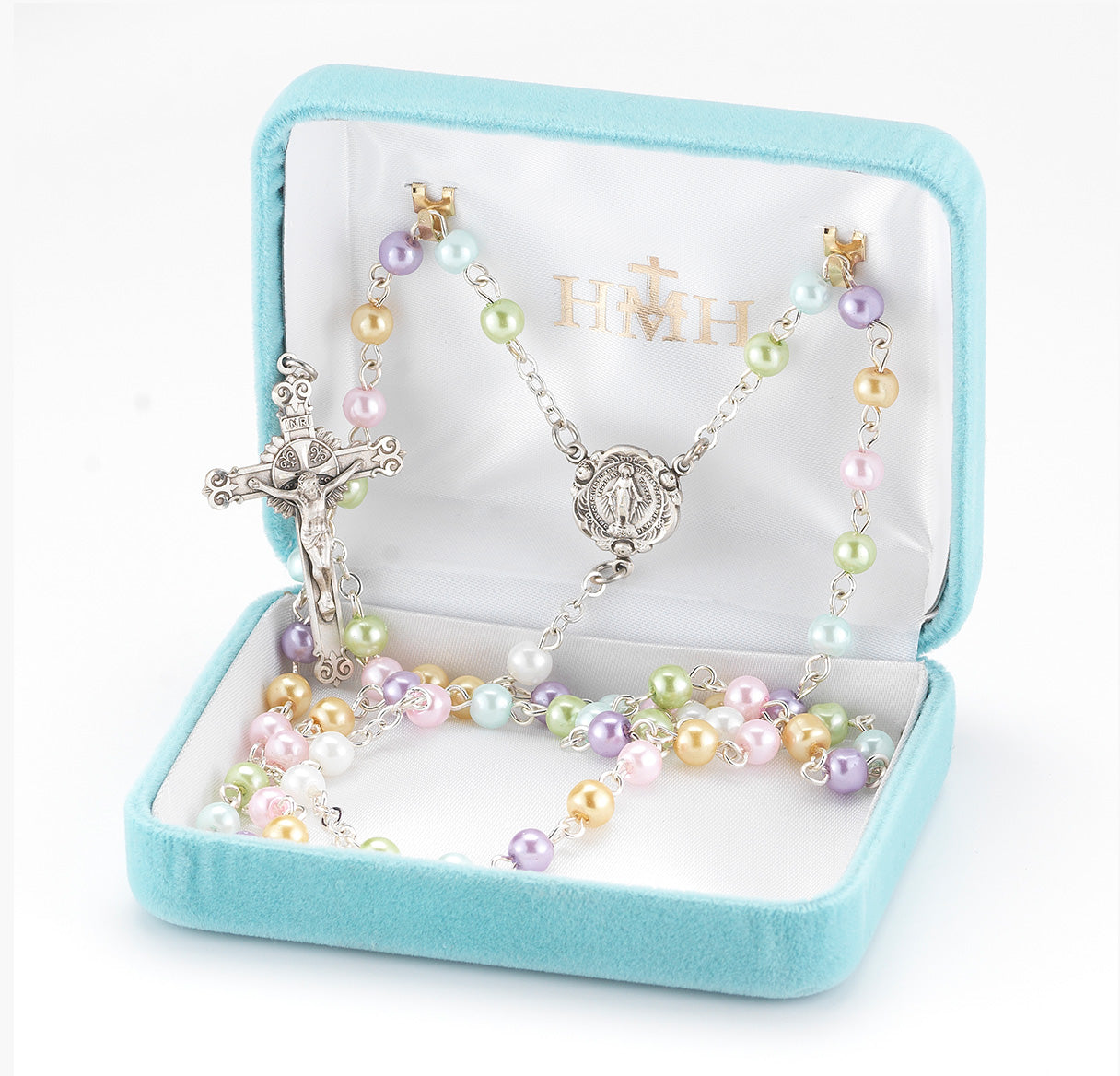 5mm Mult-Color Imitation Pearl Rosary w/Sterling Silver Ctr & Cfx-(208/3863)-Bxd