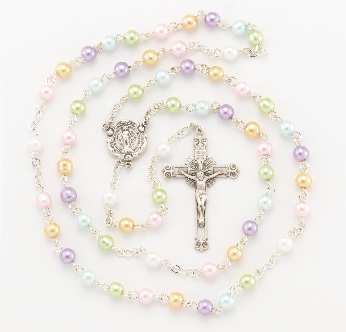 5mm Mult-Color Imitation Pearl Rosary w/Sterling Silver Ctr & Cfx-(208/3863)-Bxd