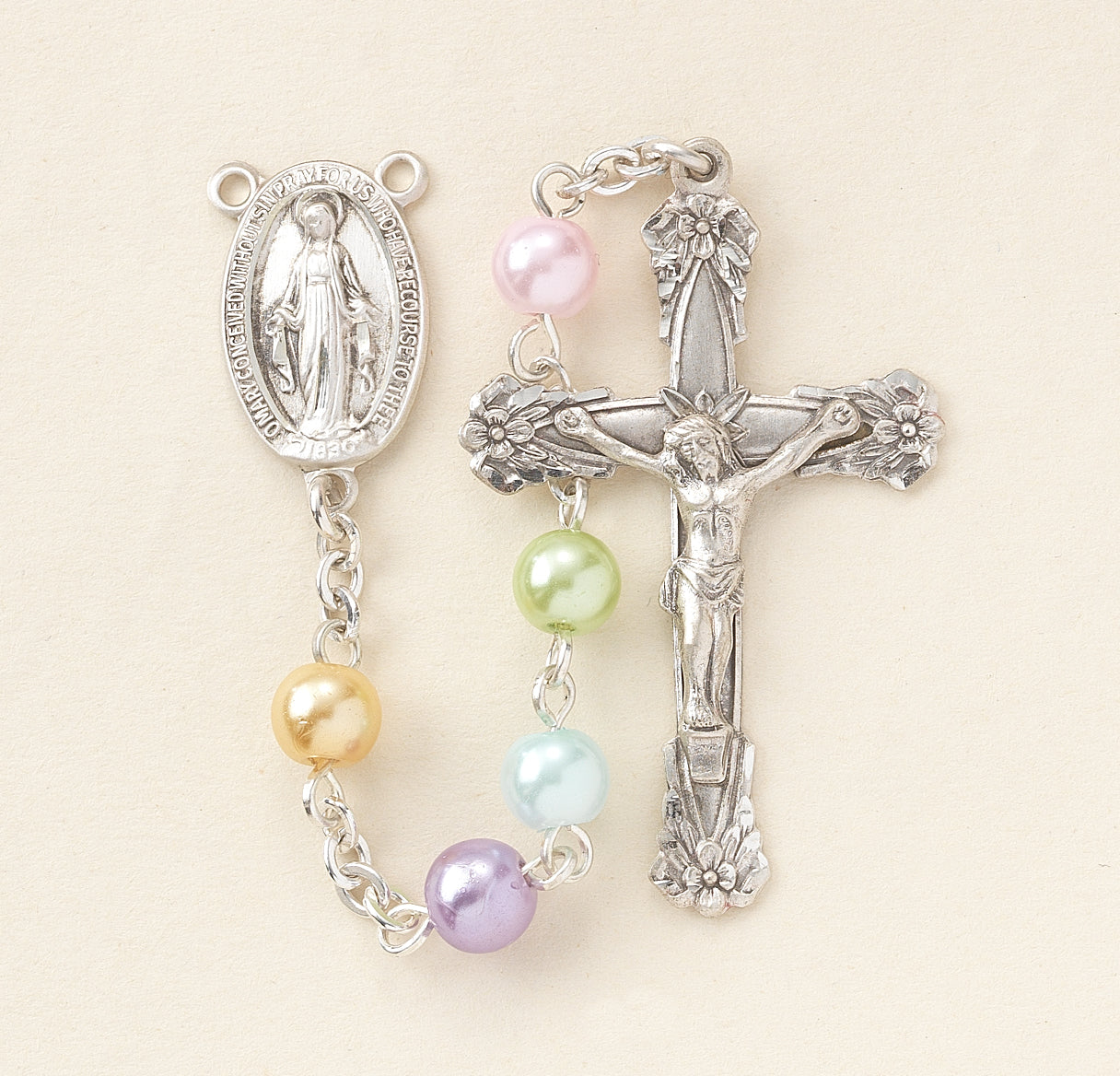 6mm Multi-Color Imitation Pearl Rosary w/Sterling Ctr & Cfx-(81/122)-Bxd