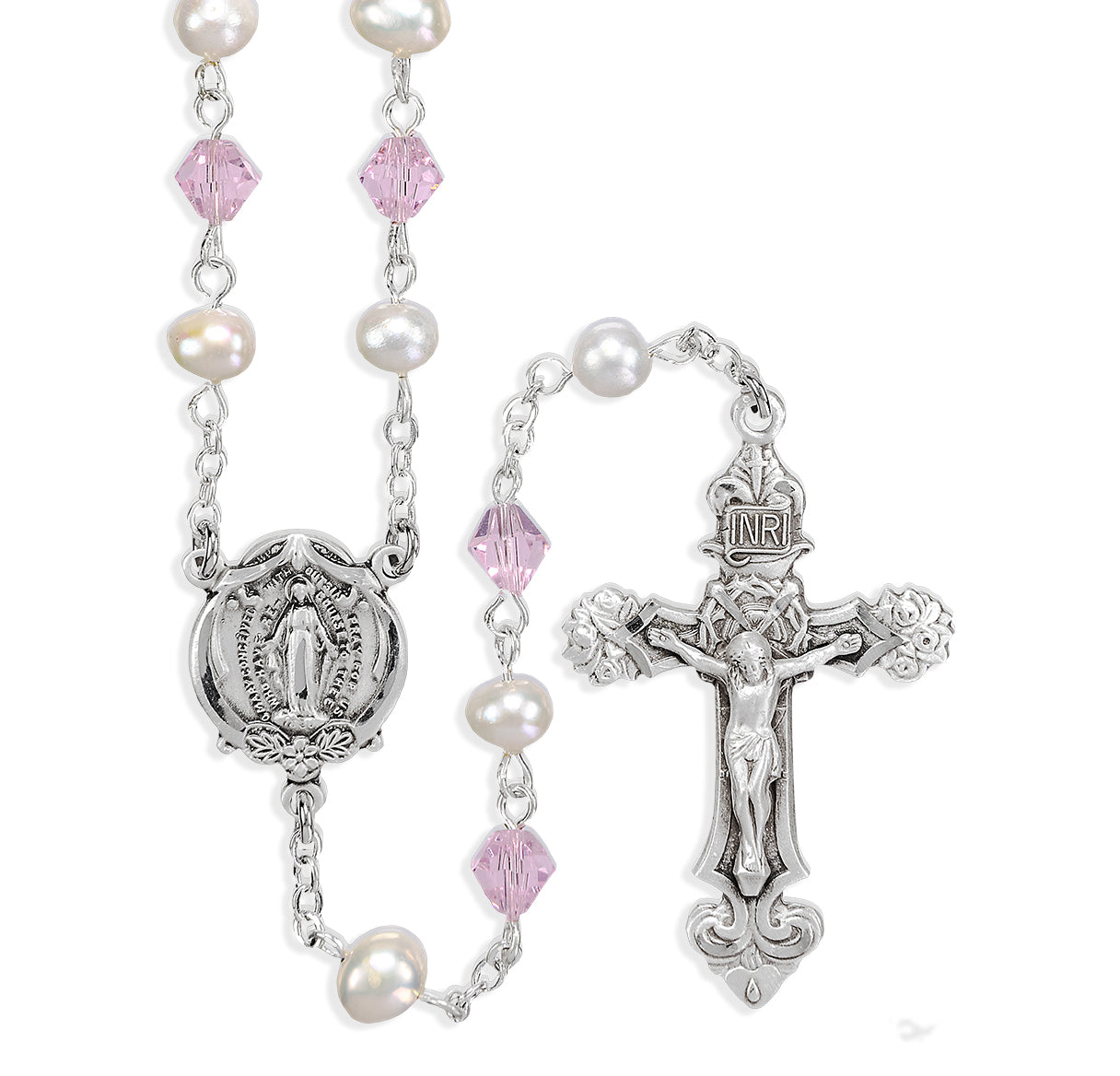 Fresh Water Pearl & Pink Rosary w/Sterling Silver Ctr & Cfx-(82/154)-Bxd