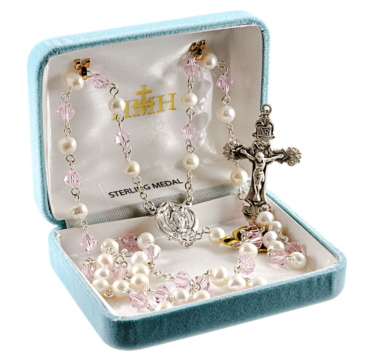 Fresh Water Pearl & Pink Rosary w/Sterling Silver Ctr & Cfx-(82/154)-Bxd