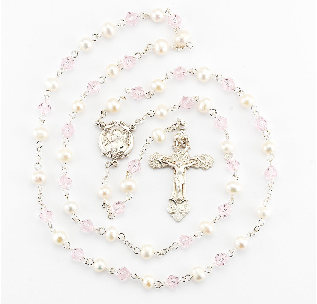 Fresh Water Pearl & Pink Rosary w/Sterling Silver Ctr & Cfx-(82/154)-Bxd