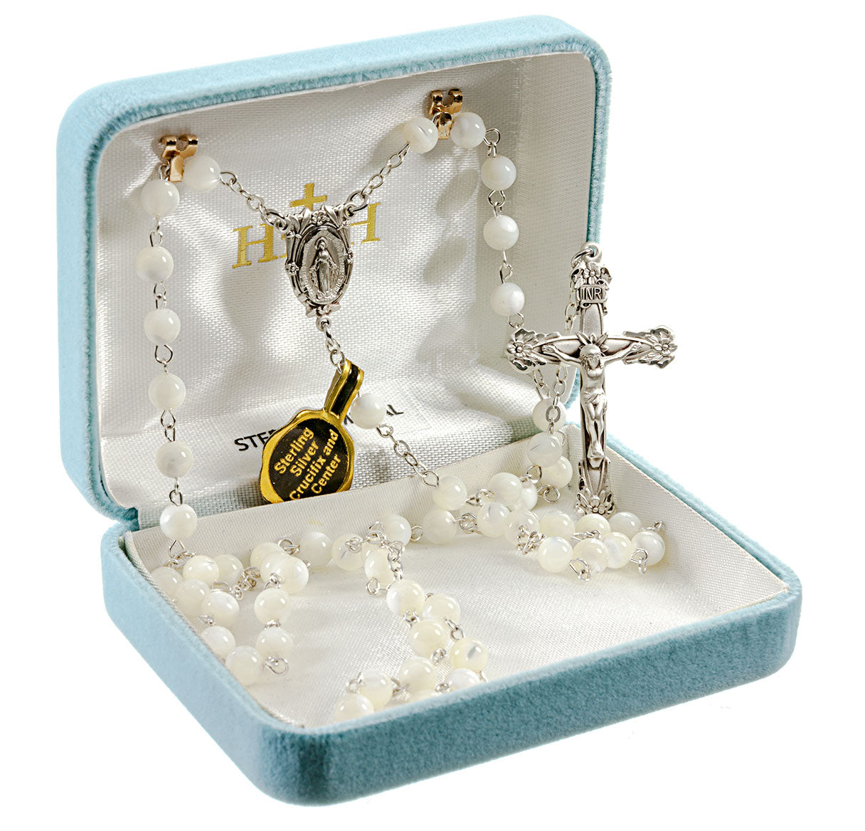 5mm Mother of Pearl Rosary w/Sterling Silver Ctr & Cfx-(64/122)-Bxd