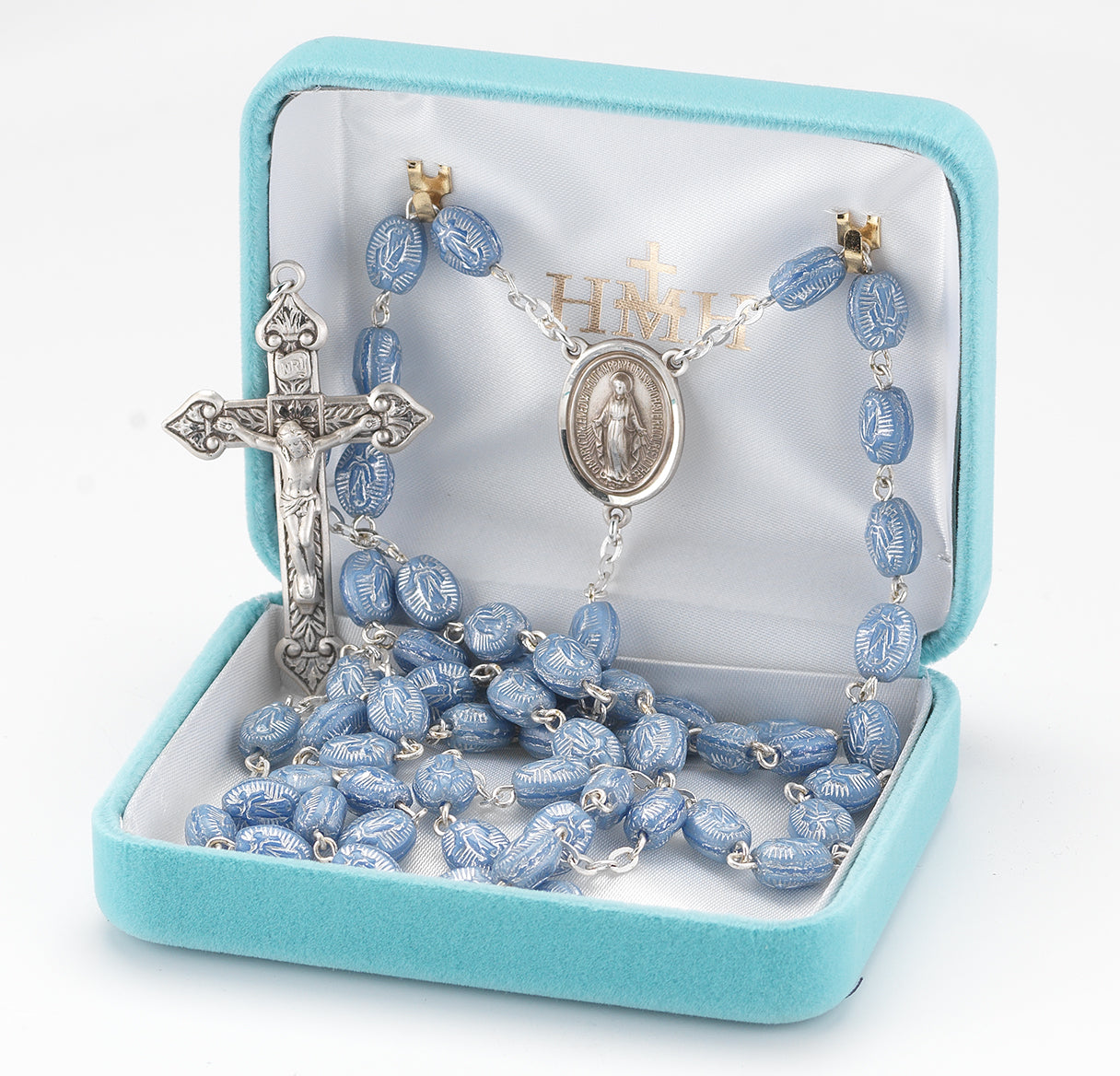 7mm Blue Oval Bead Rosary w/Sterling Silver Ctr & Cfx-(30/171)-Bxd