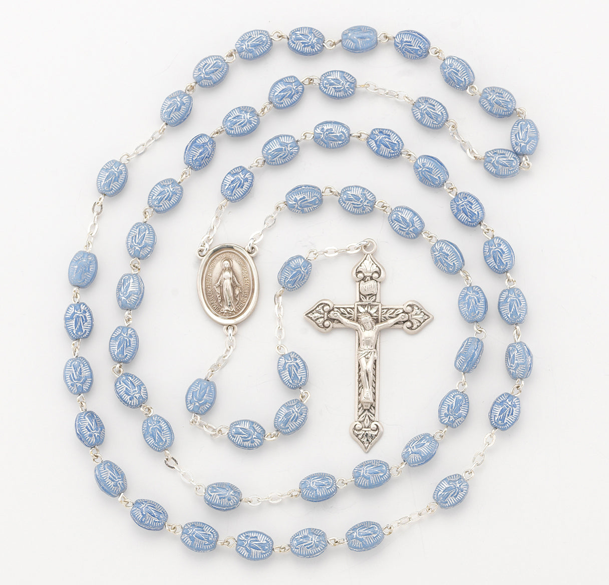 7mm Blue Oval Bead Rosary w/Sterling Silver Ctr & Cfx-(30/171)-Bxd