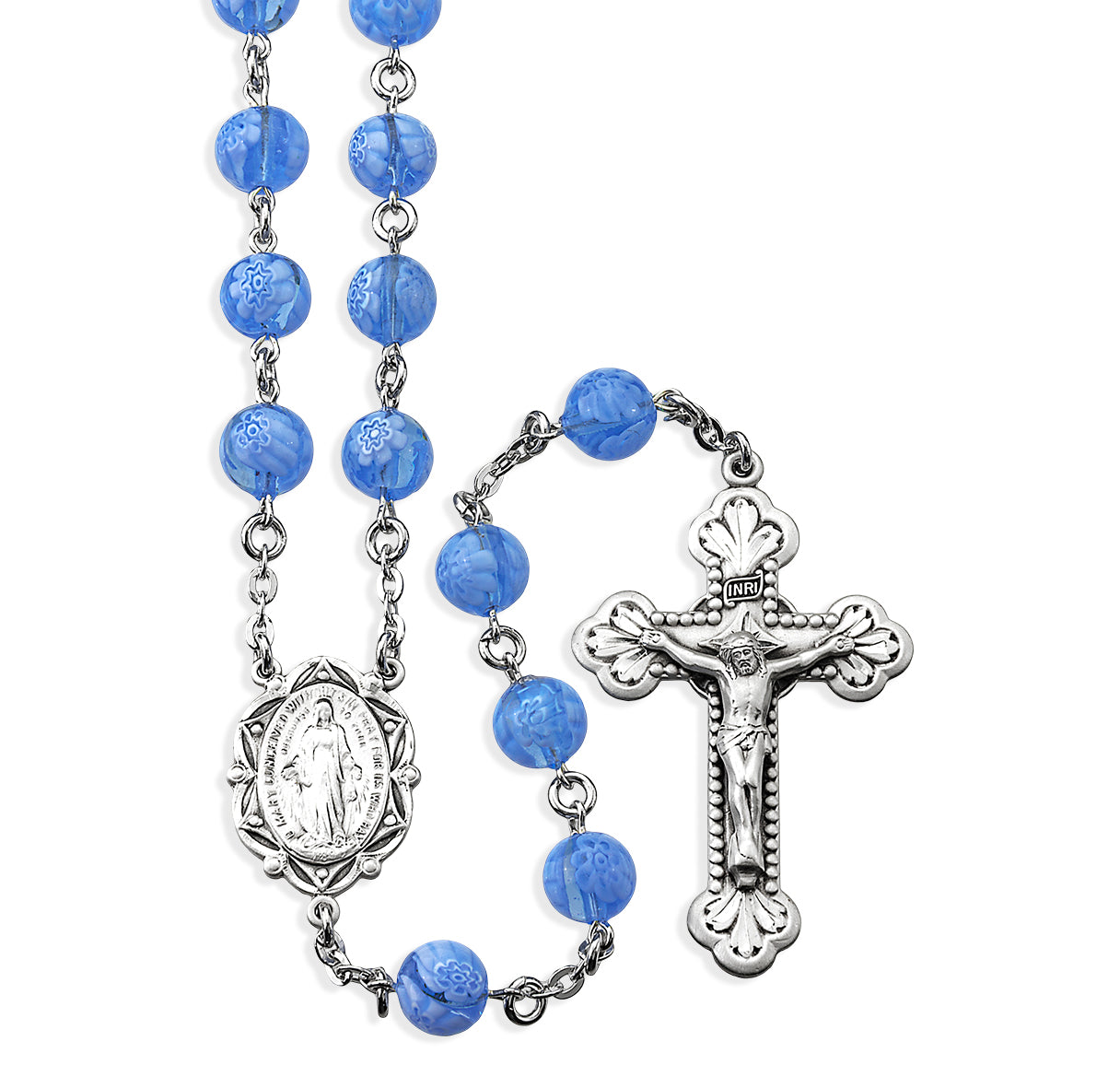 8mm Blue Venetian Glass Flower Rosary from Italy w/Sterling Silver Ctr & Crucifix