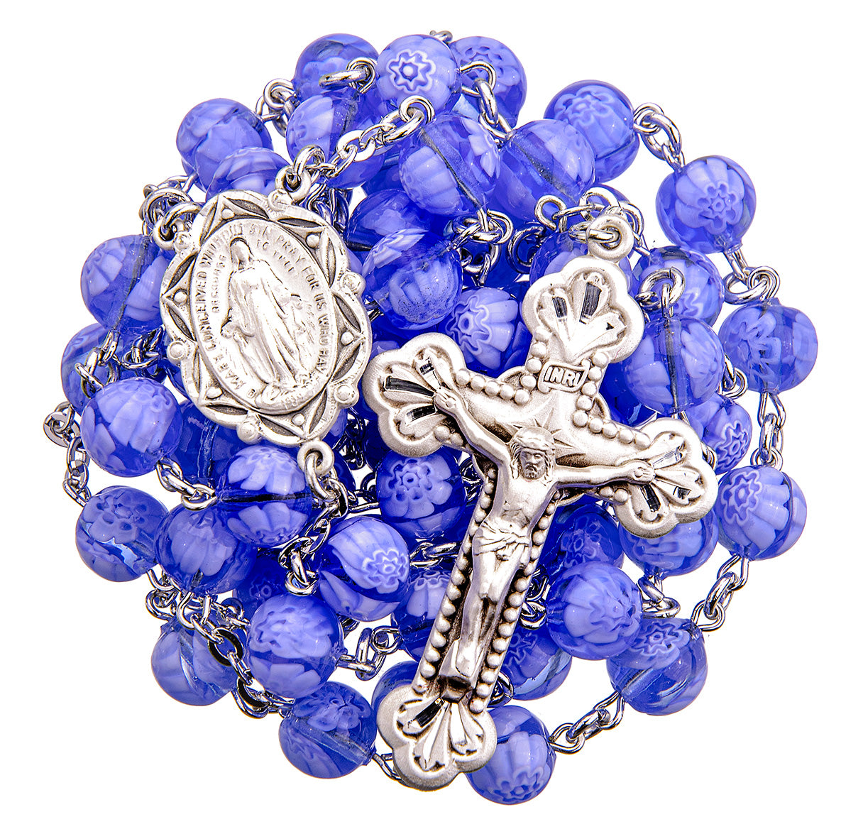 8mm Blue Venetian Glass Flower Rosary from Italy w/Sterling Silver Ctr & Crucifix