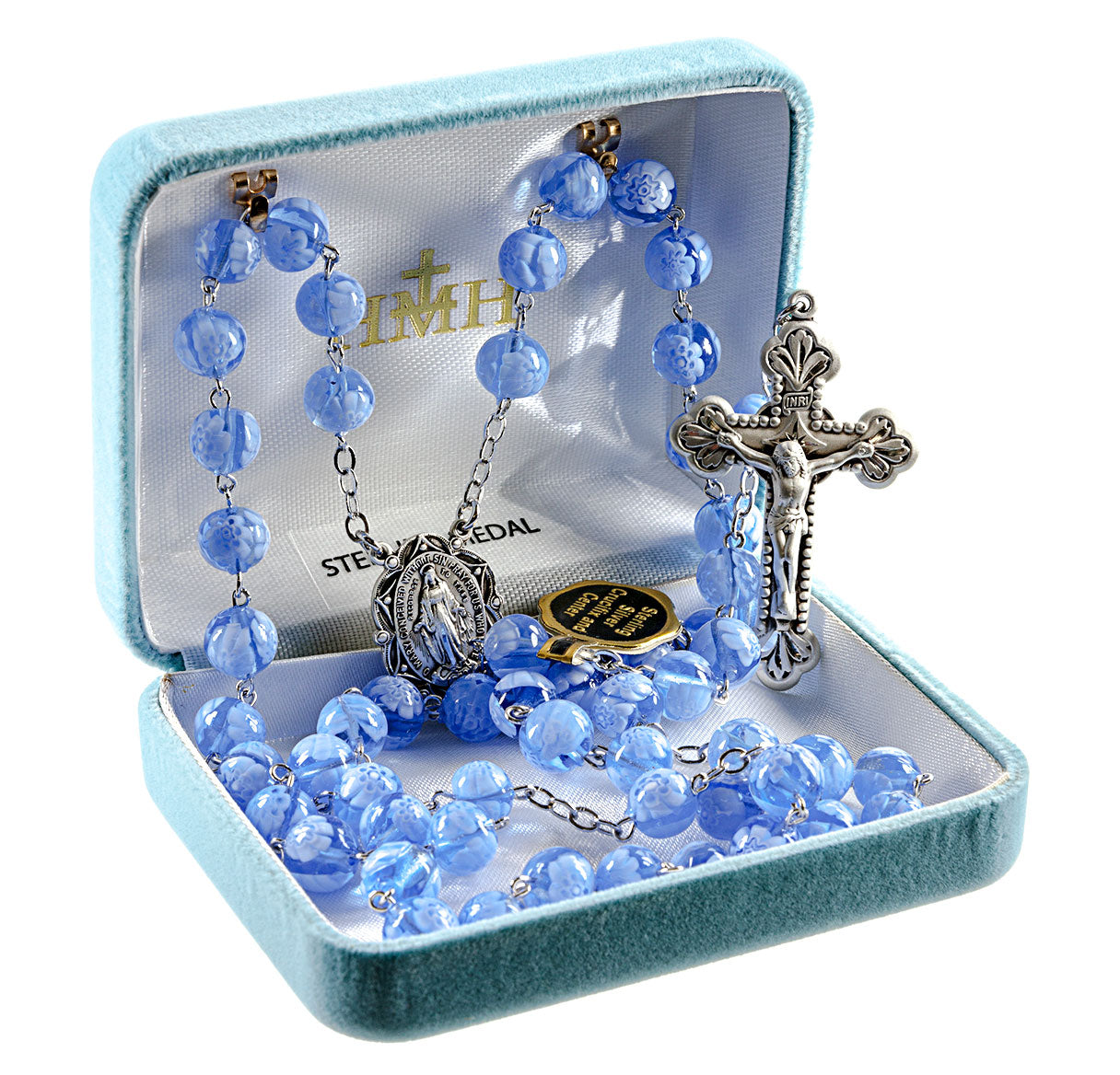 8mm Blue Venetian Glass Flower Rosary from Italy w/Sterling Silver Ctr & Crucifix