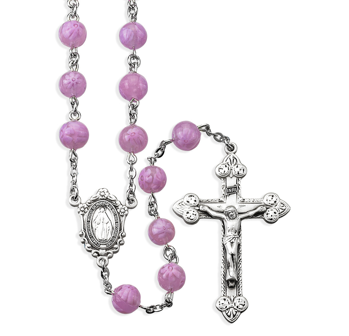 8mm Pink Venetian Glass Flower Rosary from Italy w/Sterling Silver Ctr & Cfx(80/186)-Bxd