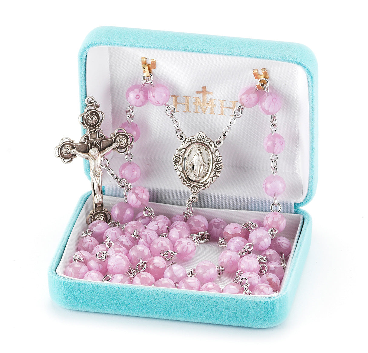 8mm Pink Venetian Glass Flower Rosary from Italy w/Sterling Silver Ctr & Cfx(80/186)-Bxd