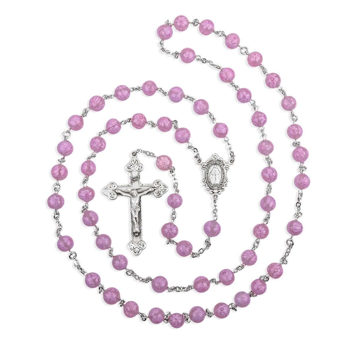 8mm Pink Venetian Glass Flower Rosary from Italy w/Sterling Silver Ctr & Cfx(80/186)-Bxd