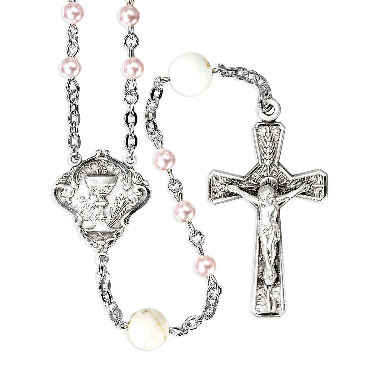 4mm Finest Imitation Pink Pearl Bead Holy Communion Rosary W/ Sterling Ctr & Cfx-(386/3855)-Bxd