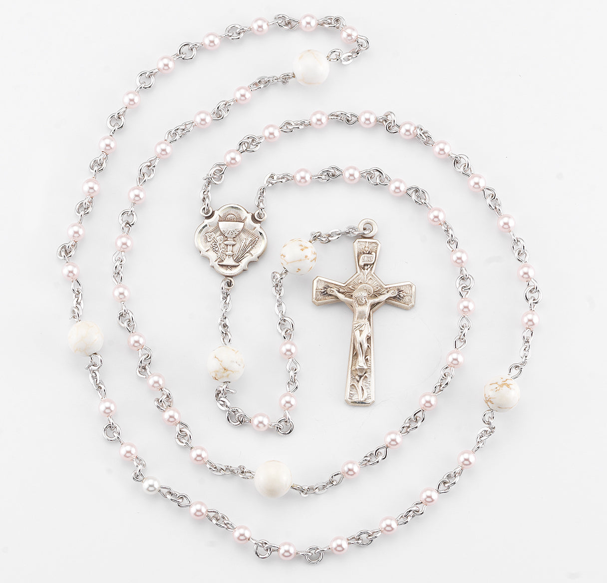 4mm Finest Imitation Pink Pearl Bead Holy Communion Rosary W/ Sterling Ctr & Cfx-(386/3855)-Bxd