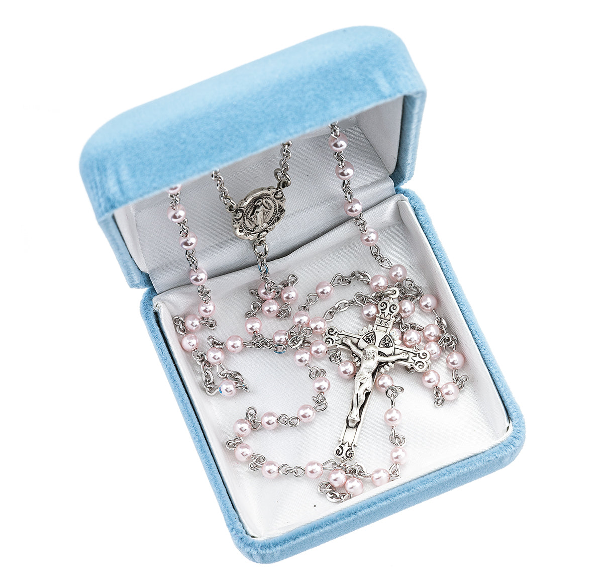 Rosary Sterling Crucifix and Centerpiece Created with finest Austrian Crystal 4mm Pearl Beads in Pink by HMH