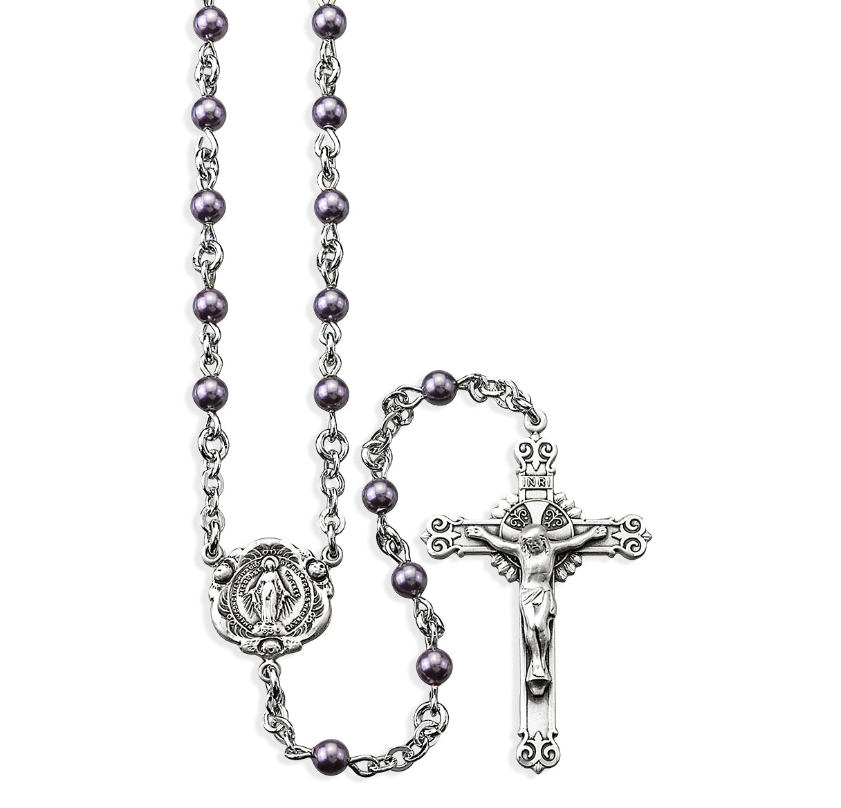 4mm Finest Violet Pearl Rosary w/Sterling Silver Ctr & Cfx-(208/3875)-Bxd