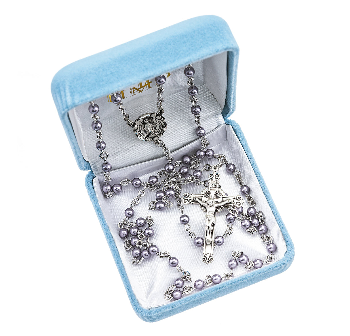 4mm Finest Violet Pearl Rosary w/Sterling Silver Ctr & Cfx-(208/3875)-Bxd