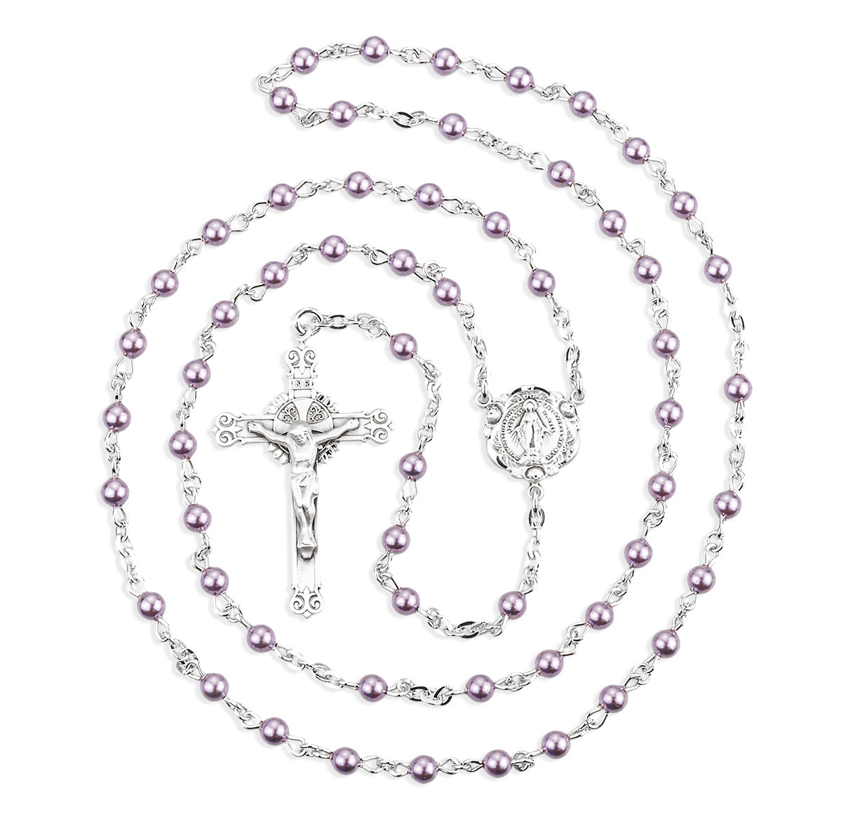 4mm Finest Violet Pearl Rosary w/Sterling Silver Ctr & Cfx-(208/3875)-Bxd