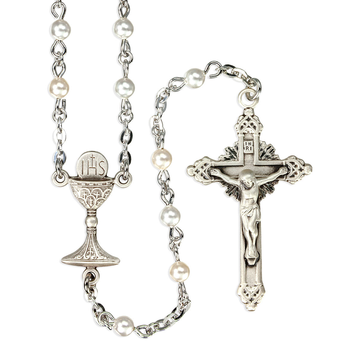 4mm Finest White Pearl First Holy Communion Rosary W/Sterling Ctr & Cfx-(384/195)-Bxd