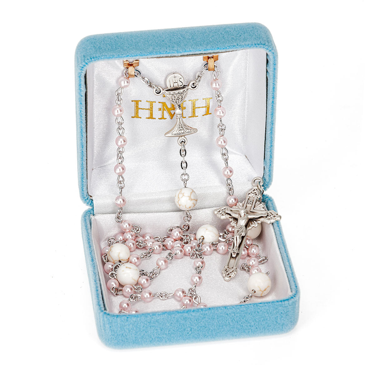 4mm Finest White Pearl First Holy Communion Rosary W/Sterling Ctr & Cfx-(384/195)-Bxd