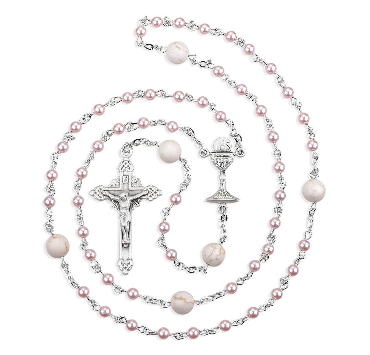 4mm Finest White Pearl First Holy Communion Rosary W/Sterling Ctr & Cfx-(384/195)-Bxd