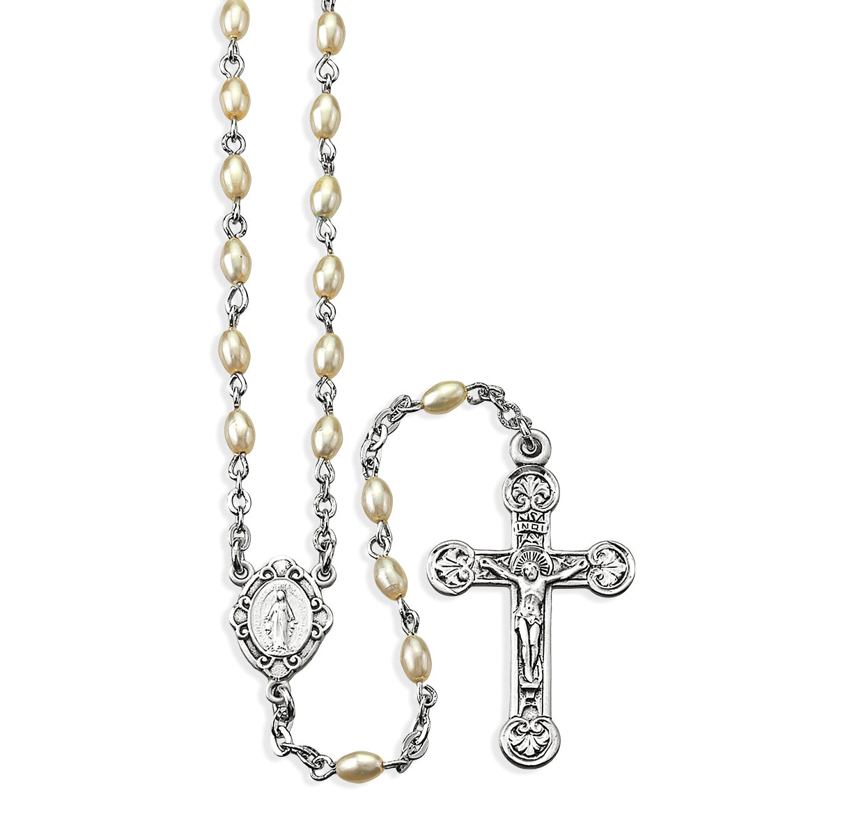 3 x 5mm Oval Faux Pearl Rosary w/Sterling Silver Ctr & Crucifix