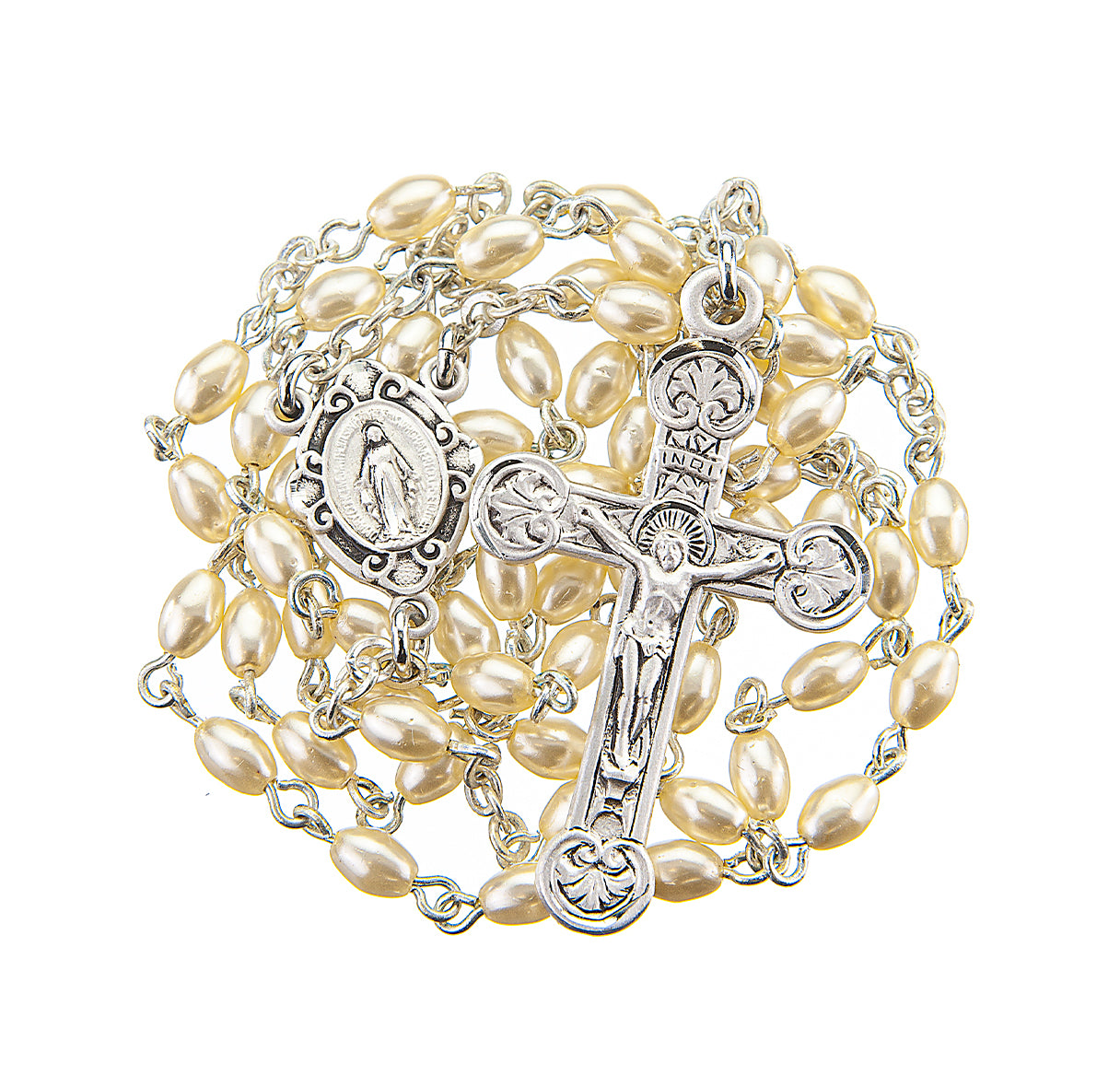 3 x 5mm Oval Faux Pearl Rosary w/Sterling Silver Ctr & Crucifix