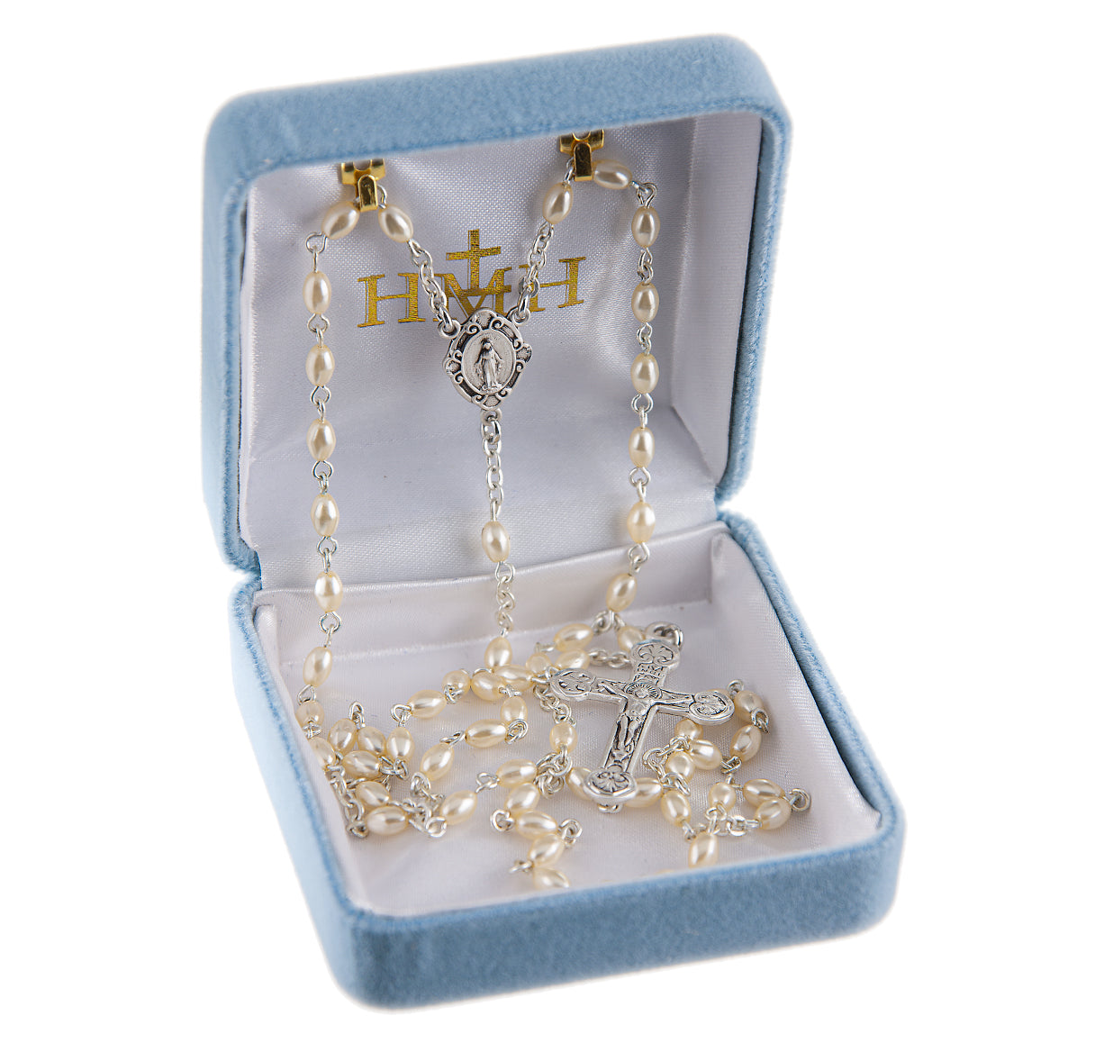 3 x 5mm Oval Faux Pearl Rosary w/Sterling Silver Ctr & Crucifix