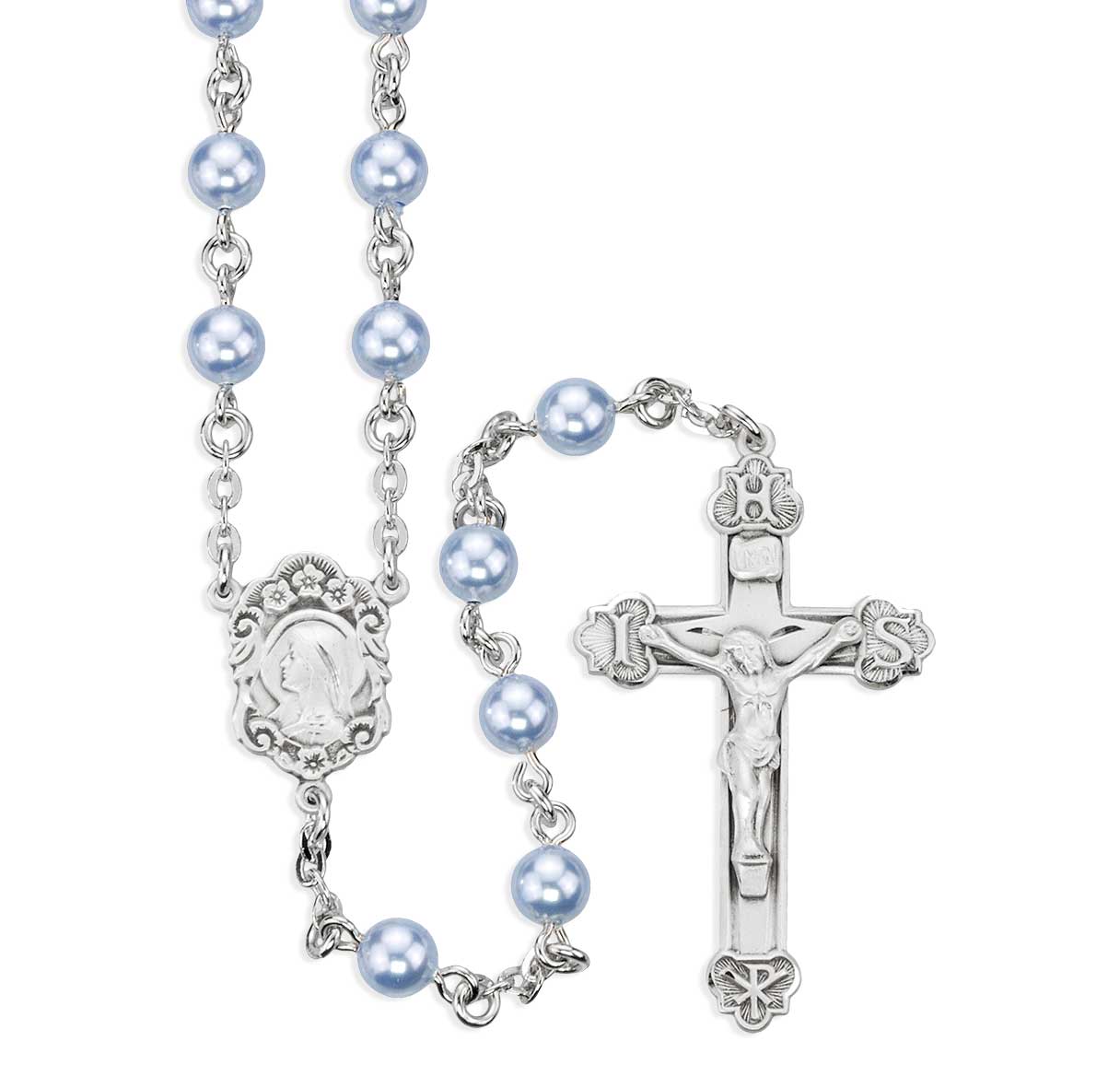 6mm Finest Austrian Crystal Blue Pearl Rosary W/Sterling Silver Ctr & Crucifix