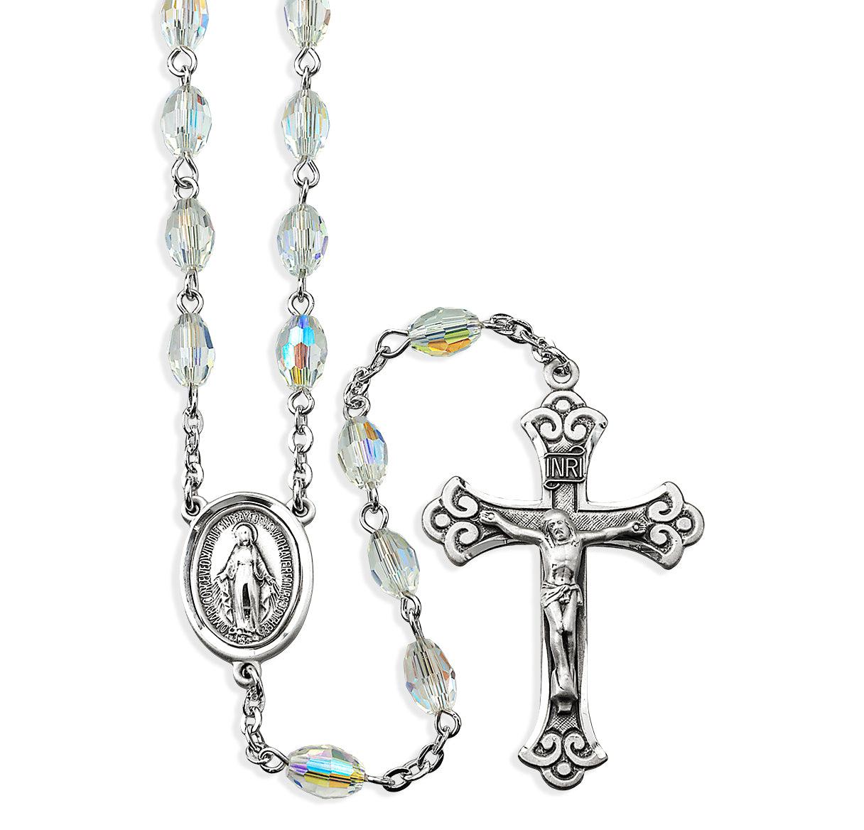 6 x 9mm Multi-Faceted Oval Tin Cut Crystal Rosary w/8mm Faceted O.F. Beads w/Sterling Silver Ctr & Cfx-(30/160)-Bxd