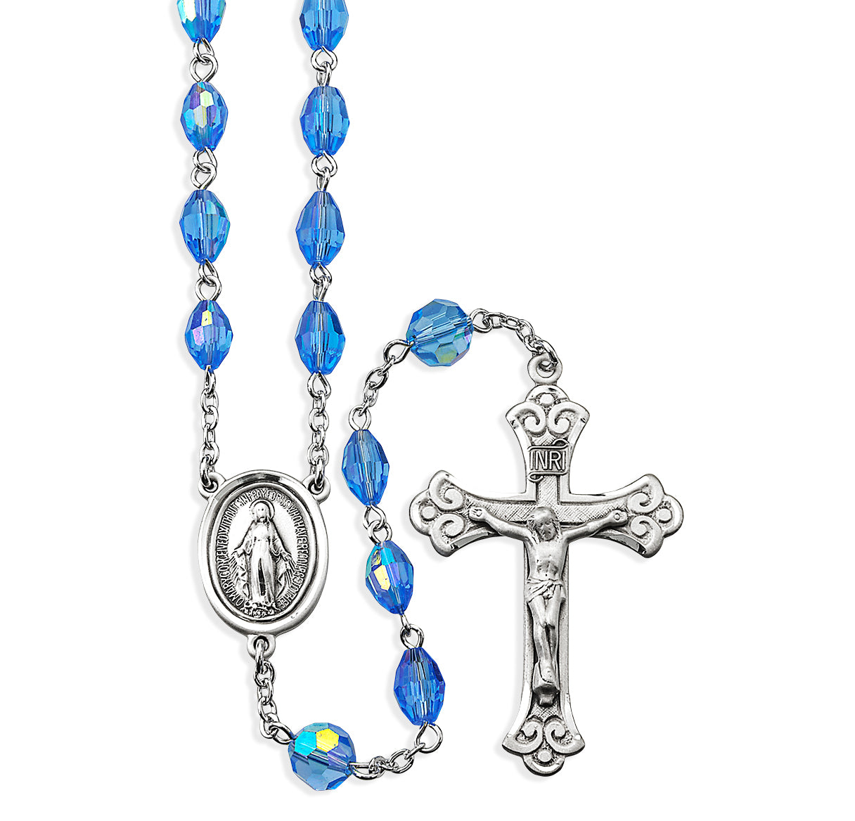 6 x 9mm Light Sapphire Multi-Faceted Oval Tin Cut Crystal Rosary with 8mm Faceted O.F. Beads w/Sterling Silver Ctr/Cfx-(30/160)-Bxd