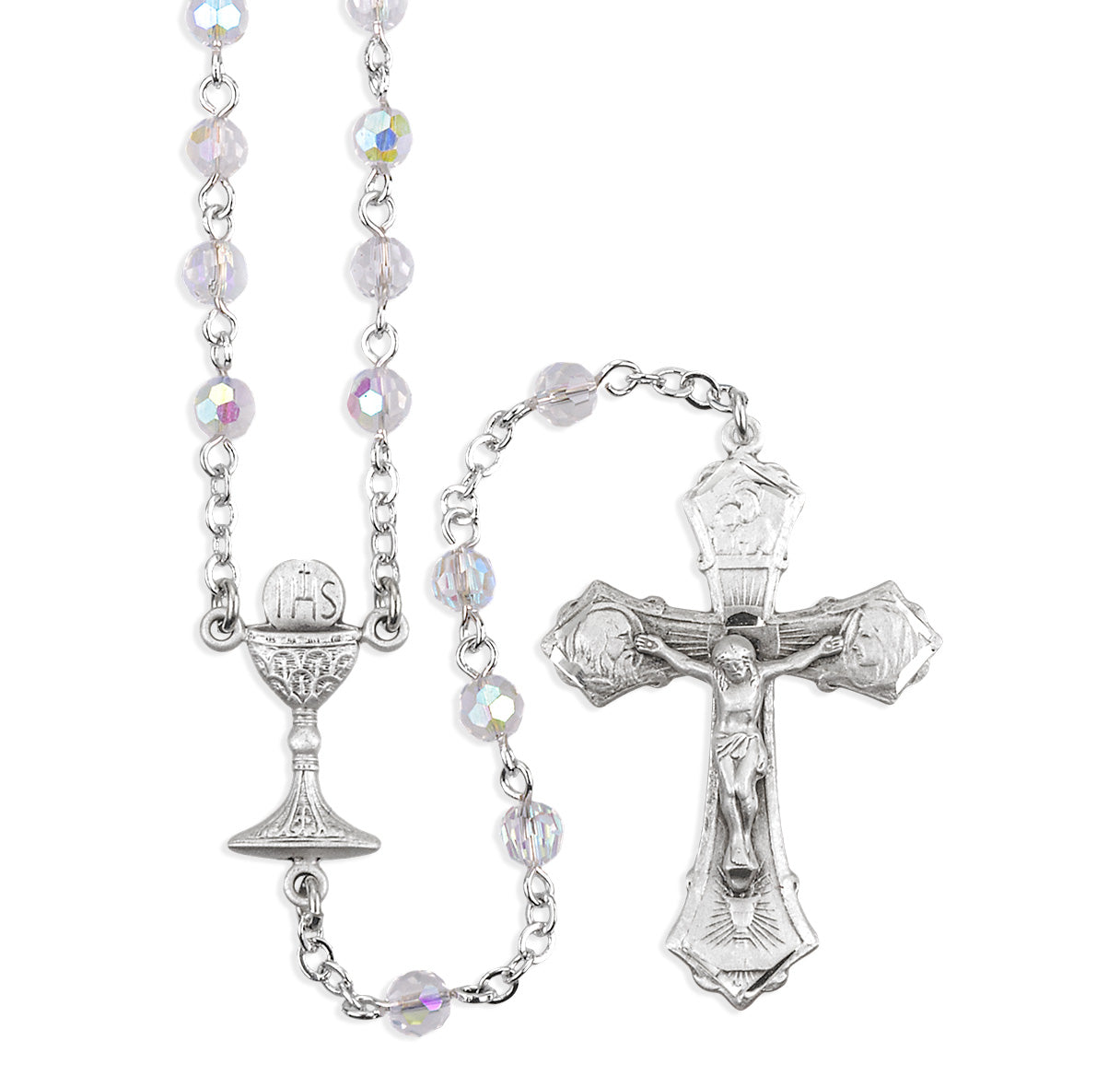 5mm Crystal (AB) First Holy Communion Rosary W/ Sterling Ctr & Cfx (384/152)-Bxd