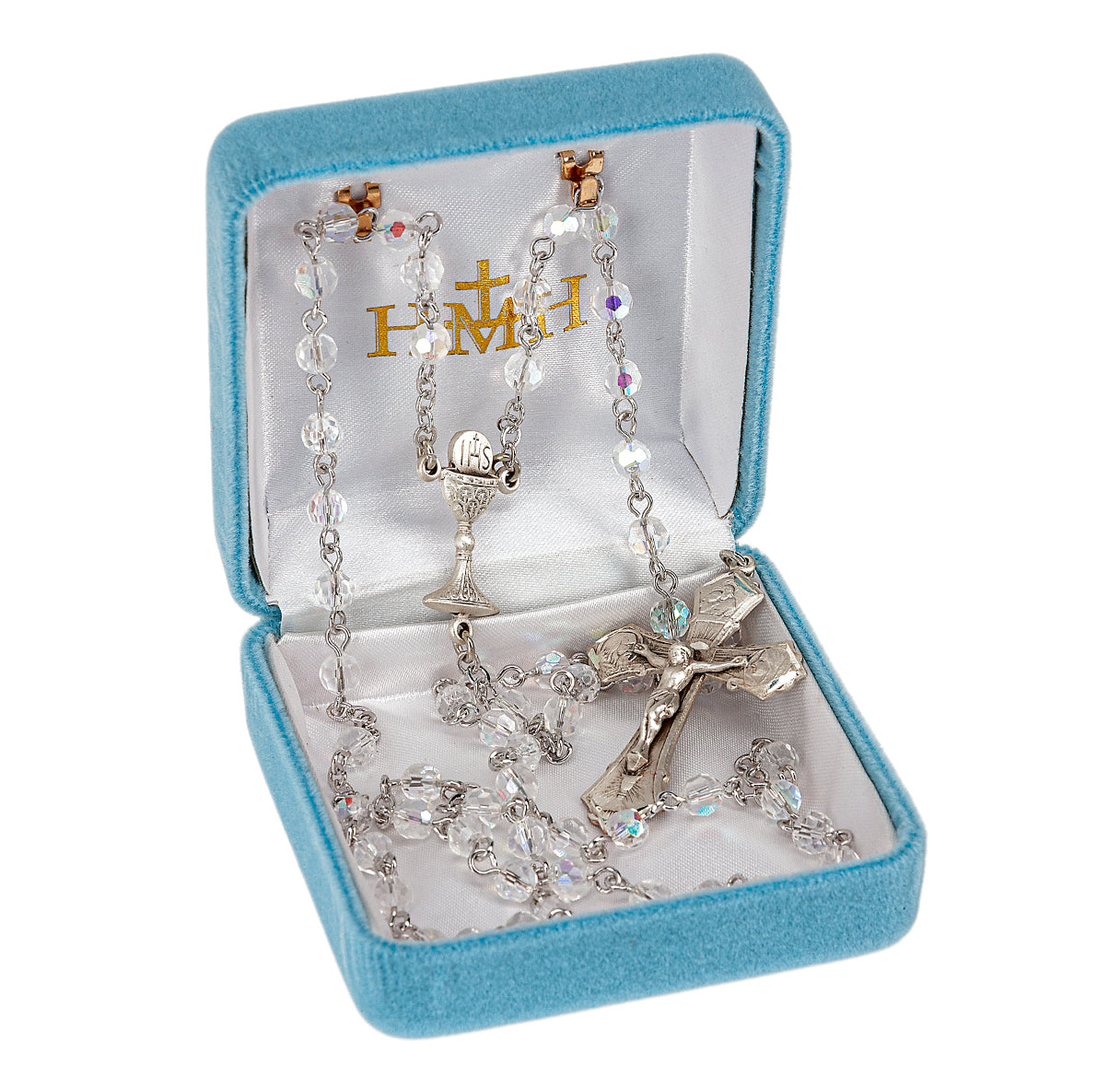 5mm Crystal (AB) First Holy Communion Rosary W/ Sterling Ctr & Cfx (384/152)-Bxd