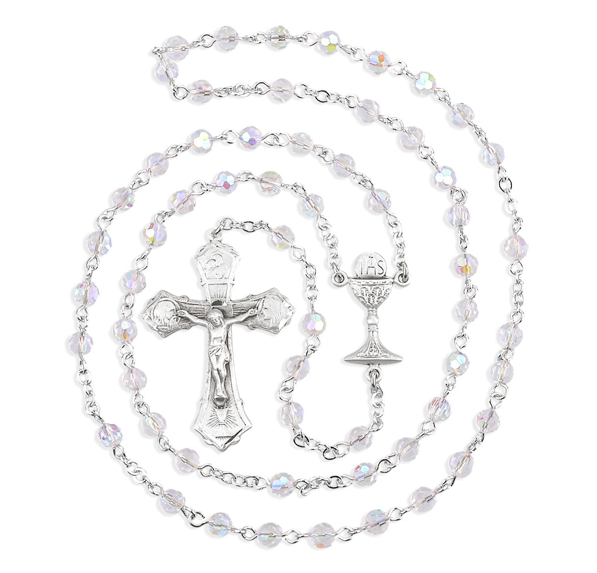 5mm Crystal (AB) First Holy Communion Rosary W/ Sterling Ctr & Cfx (384/152)-Bxd