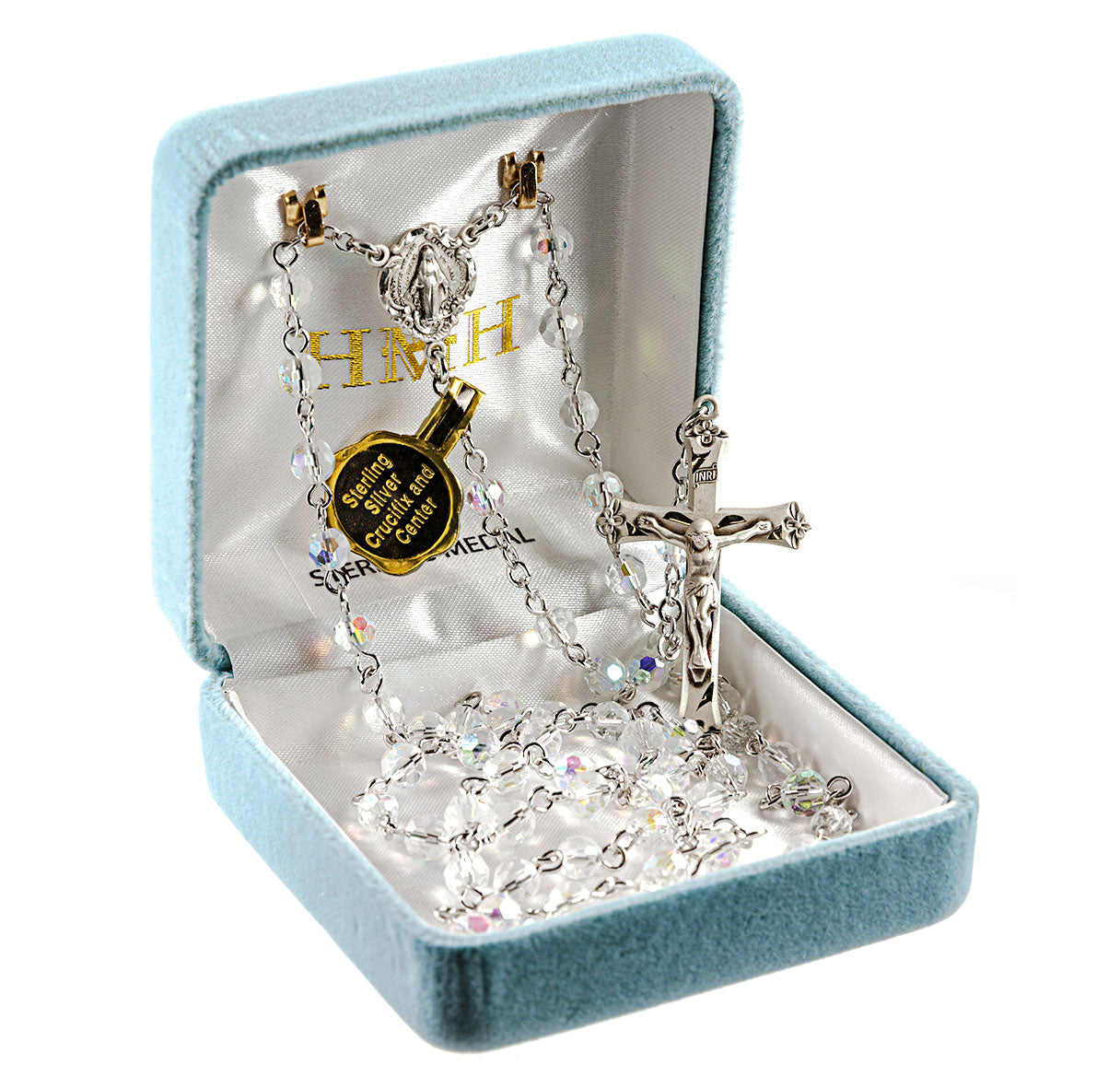 5mm Crystal (AB) Rosary w/Sterling Silver Ctr & Cfx-(97/177)-Bxd