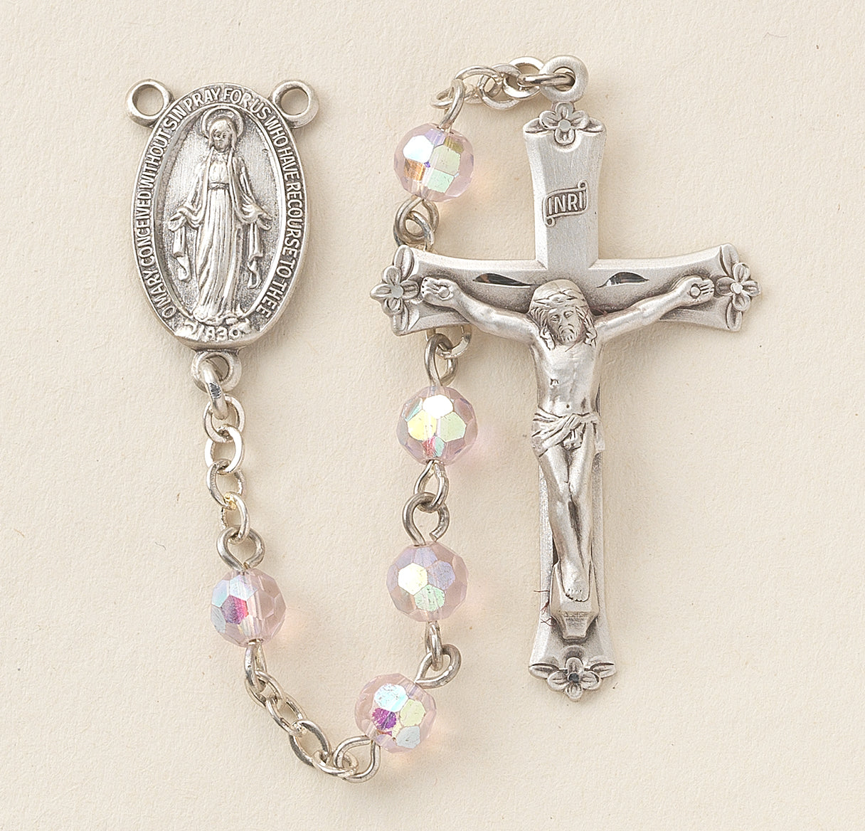 5mm Light Rose (AB) Rosary w/Sterling Silver Ctr & Cfx-(97/177)-Bxd