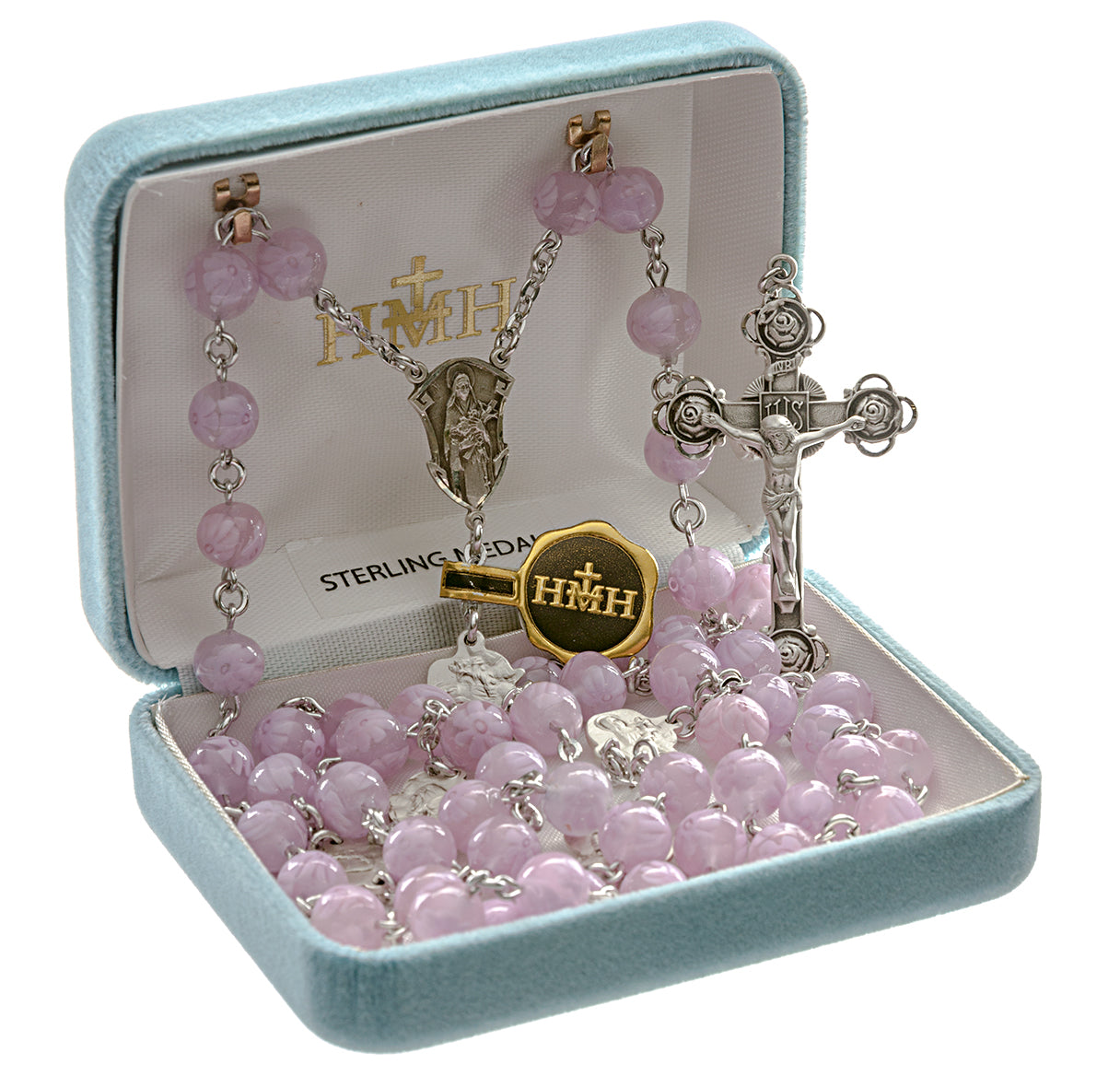 8mm Pink Venetian Glass Flower Bead Rosary w/St. Therese O.F. Bead, w/Sterling Silver Ctr & Cfx-(352/161)-Bxd