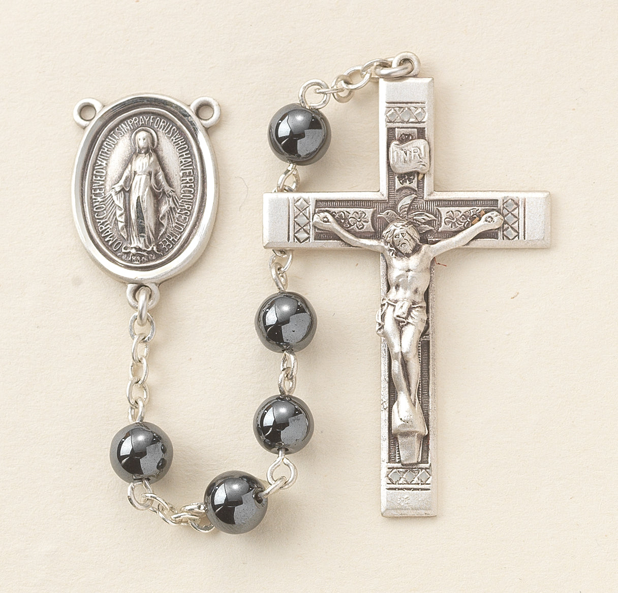 6mm Hematite Rosary w/Sterling Silver Ctr & Cfx-(30/184)-Bxd