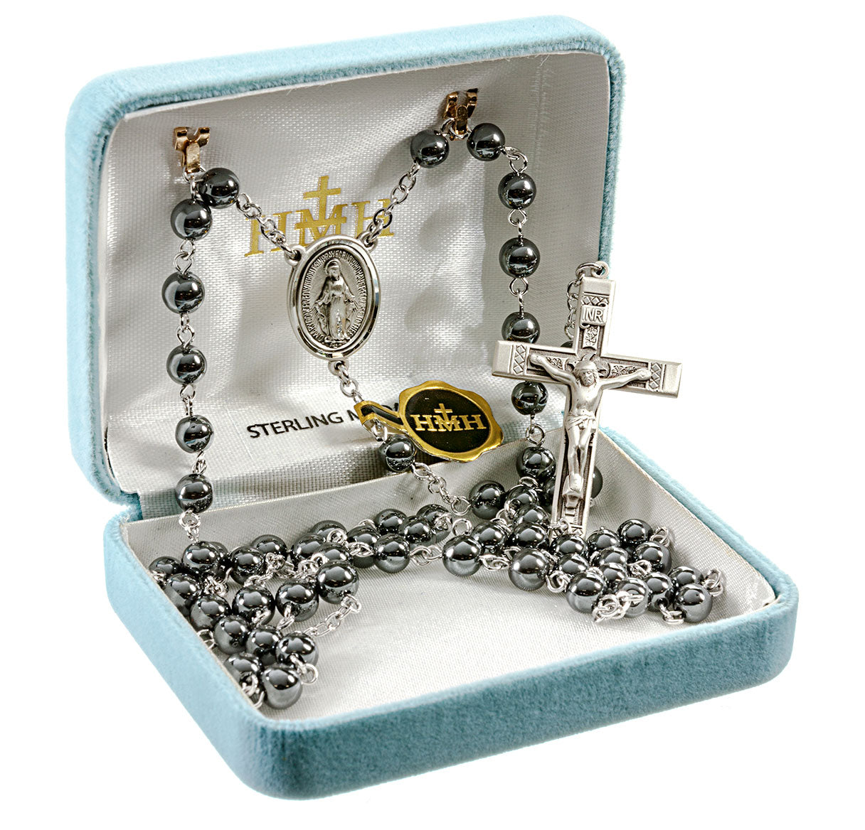 6mm Hematite Rosary w/Sterling Silver Ctr & Cfx-(30/184)-Bxd